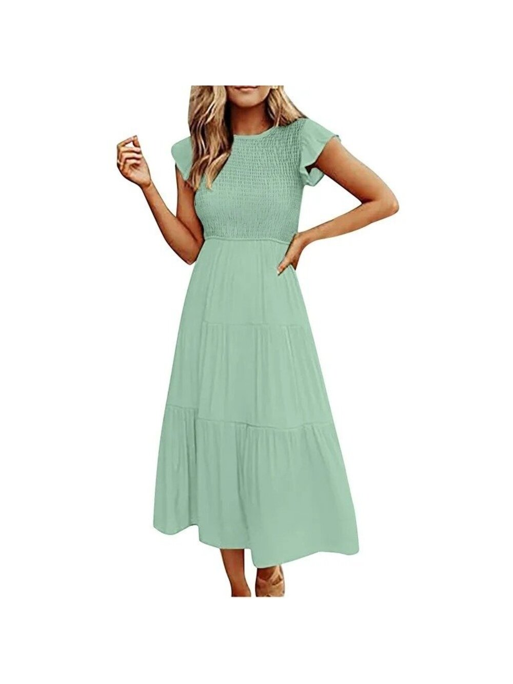 Zesica Aqua Flutter Sleeve Smocked Bodice Tiered Maxi‎ Dress Pockets Size L